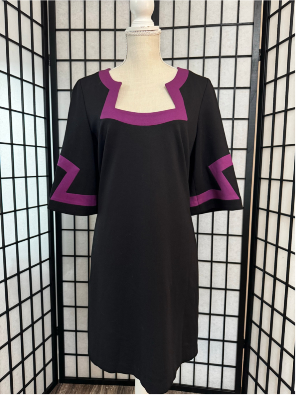 Trina Turk Black Dress with Purple Geometric Accent Size 8